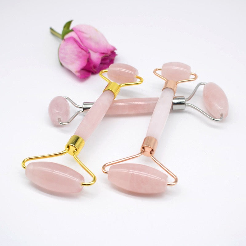 Crystal Facial Roller Wholesale Pink Double Head Face Beauty Massage Tool Curved Handle Rose Quartz Jade Roller