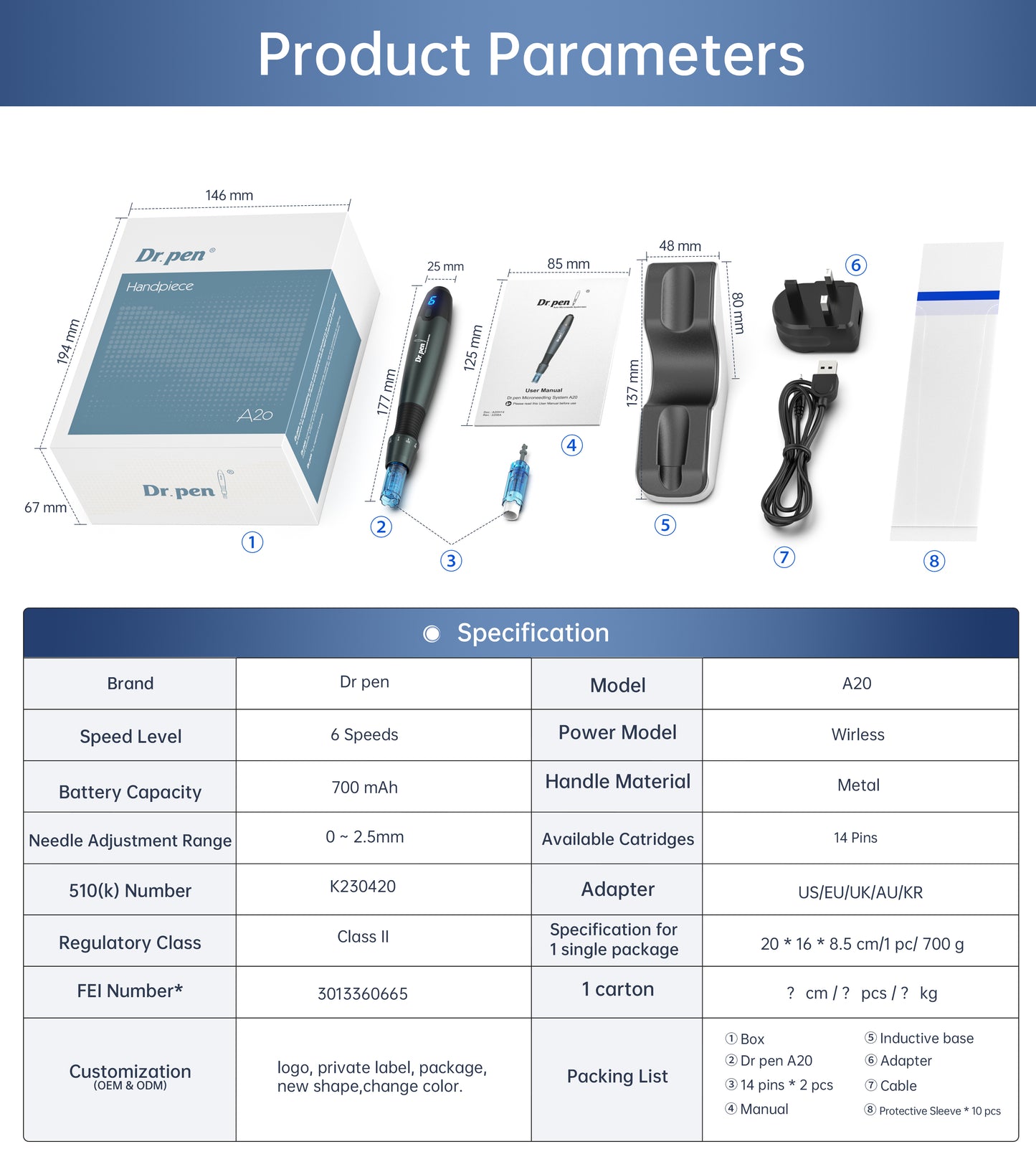 Dr. Pen FDA A20 Micro-needling pen with 10pcs 14pin FDA cartridges